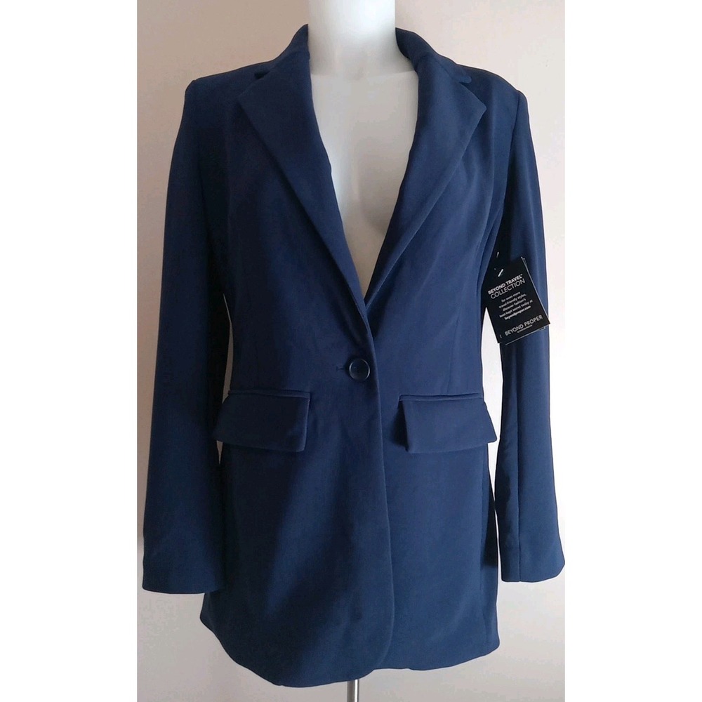 Boston Proper Women Navy Blue Single Textured Ribbed Button Lined Blazer Size 4‎